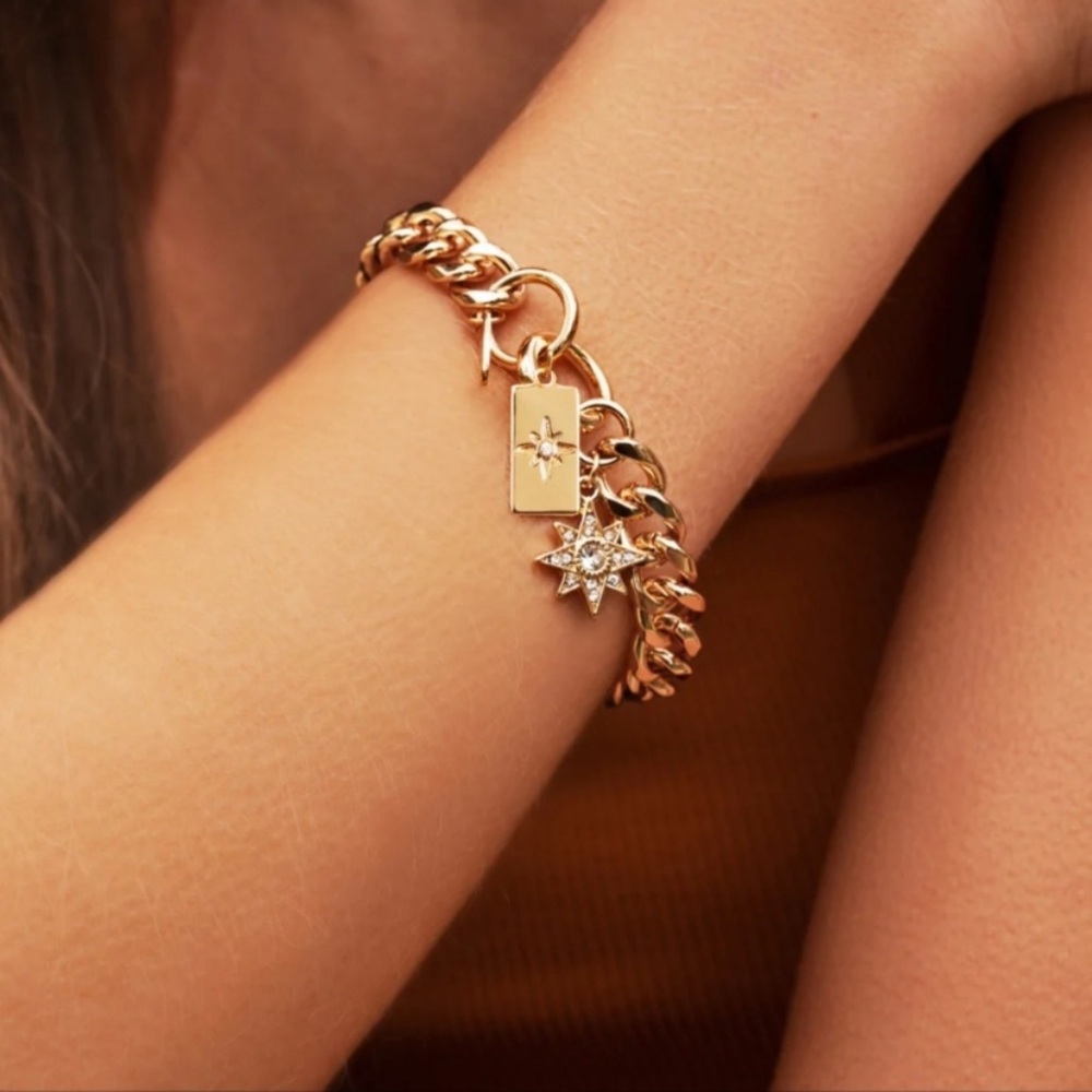 NWT ETTIKA Starry Charms Chain Link 18-Karat Gold Plated Bracelet